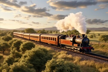 A steam train travels through the African savanna - obrazy, fototapety, plakaty
