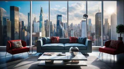 A modern living room with a view of the city