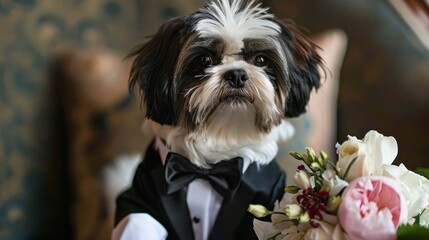 Develop a line of couture wedding attire for pets, including tuxedo harnesses for dogs and floral collars 