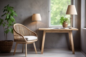A cozy reading nook with a comfortable chair, a table, and a lamp - obrazy, fototapety, plakaty