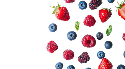 A group of assorted berries and raspberries whirl through the air
