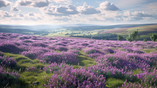A picturesque countryside landscape with rolling green hills and blooming fields of purple heather