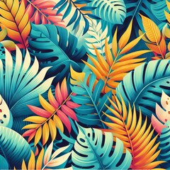 a colorful background with tropical leaves
