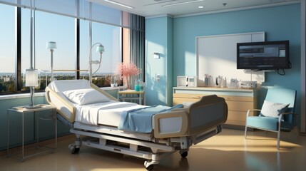 An illustration of a hospital room with a bed, a chair, and a medical monitor