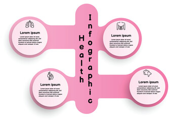 Infographic health care template for treatment and health care information presentation. Vector circle with organ icons and examples sentences. Modern workflow diagrams. Report plan 4 topics