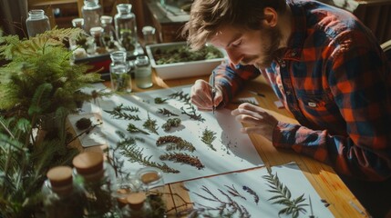 Botanist examining plant specimens to classify species and study botanical diversity. - obrazy, fototapety, plakaty