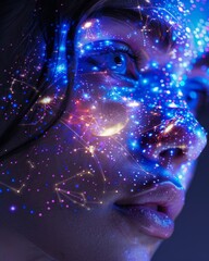Woman's face with neon constellation mapping, blending astrology and digital art