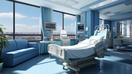 Patient room interior with furniture and medical equipment - obrazy, fototapety, plakaty