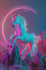 Naklejka na ściany i meble A 3D unicorn gallops across a digital landscape, neon grid underhoof, synthesizing old myths with new tech