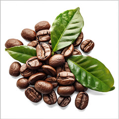 Coffee beans with leaves isolated on a transparent background 
