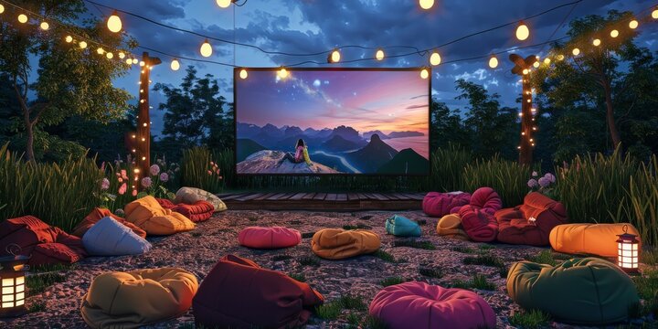 A 3D scene of an outdoor summer movie night with a giant screen and bean bags, creating a cozy and entertaining summer theme