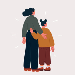 Cartoon vector illustration of rear view of young mother and daughter