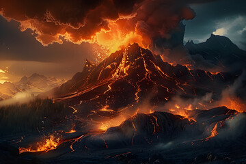 Volcanic activity, lava flow flows down the mountain. Frightening dangerous landscape. 