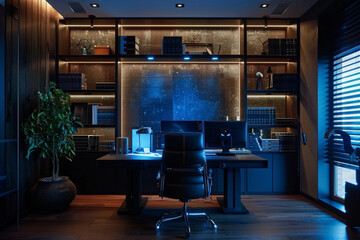 stylish luxury home office interior in an ultramodern brutal apartment in dark colors and cool led lighting - obrazy, fototapety, plakaty
