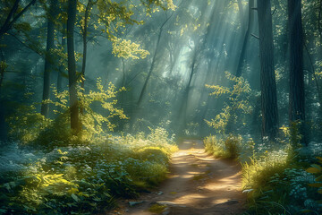 Magical Forest Scene with Sunlight Streaming on Path - obrazy, fototapety, plakaty