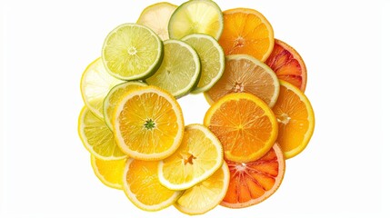 Bright and vibrant citrus color wheel isolated on a clean white background, showcasing a spectrum of energetic hues.