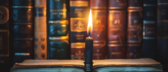 A torch illuminating legal books, representing the enlightenment and guidance provided by the law - obrazy, fototapety, plakaty