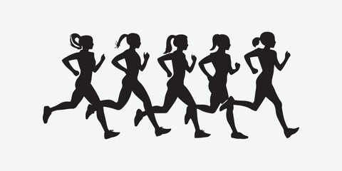 Young athletes run a marathon. Isolated silhouettes on a white background