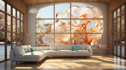 Modern interior design living room with large windows and abstract sculpture