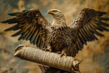 An eagle clutching a scroll of law, embodying the strength and majesty of legal authority