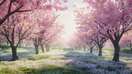 A peaceful orchard filled with blooming cherry trees, their delicate pink blossoms creating a magical atmosphere
