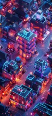 An isometric 3D model of a future neon residential area, with cute, compact homes and glowing communal spaces