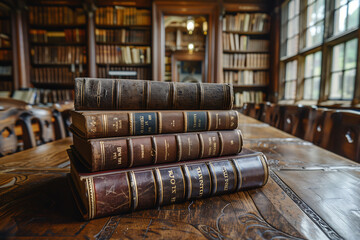 Antique Books Stacked on Library Table - obrazy, fototapety, plakaty