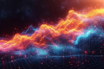Abstract Futuristic Illustration of a Mountain Landscape with Glowing Red and Blue Particles - obrazy, fototapety, plakaty