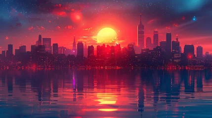 Zelfklevend Fotobehang Illustration depicting a colorful neon-lit futuristic city at night, incorporating elements of cyberpunk and retro wave styles. © Khalida