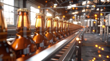 A conveyor belt in a modern brewery, along which bottles of beer move, ready for packaging
