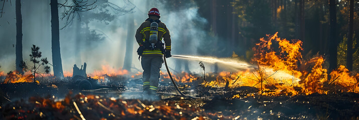 A professional firefighter extinguishes the flame. A burning forest and a man in a firefighter's uniform, rear view. Concept: Fire has engulfed nature, danger of arson. - obrazy, fototapety, plakaty