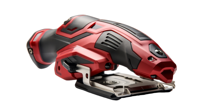 A red and black tool stands out against a stark white background, creating a striking contrast