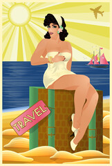 Pinup cute girl with bag, travel card, vector illustration