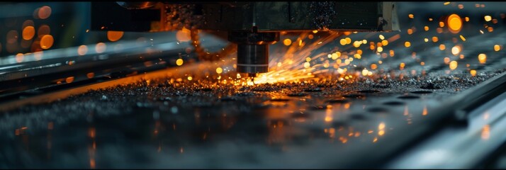Metal alloy cutting process on a conveyor belt - obrazy, fototapety, plakaty