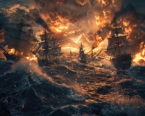 Epic naval battle scene with ships clashing amongst fierce waves and fiery explosions