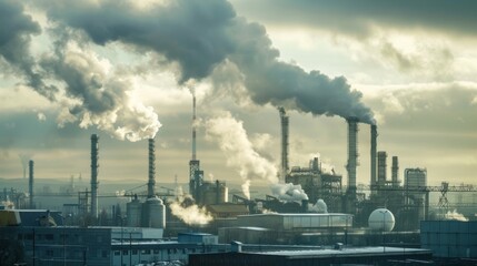 Metal alloy plant, showing large industrial buildings and smokestacks against a cloudy sky - obrazy, fototapety, plakaty