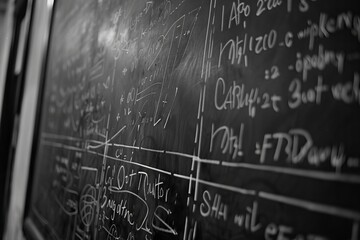 Equations and diagrams scribbled on a board, the silent language of mathematics in progress