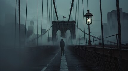 man alone of the Brooklyn Bridge - obrazy, fototapety, plakaty