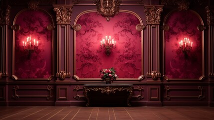 Ornate red room with a table and vase of flowers