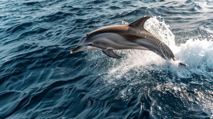 Majestic dolphin leaping out of the water against a backdrop of deep blue sea