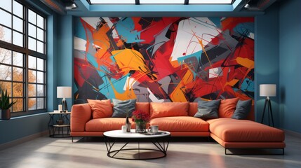 vibrant graffiti explosion abstract painting wall mural living room interior design