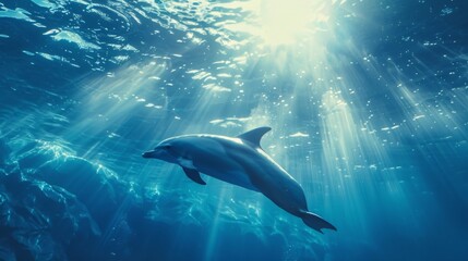 Fototapeta na wymiar An underwater shot of a dolphin gliding through the blue ocean