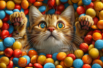 Fototapeta na wymiar A tabby cat with wide green eyes peeking out from a colorful sea of plastic eggs, looking curious and playful