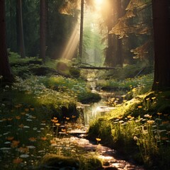 Small stream flowing through a lush sunlit forest