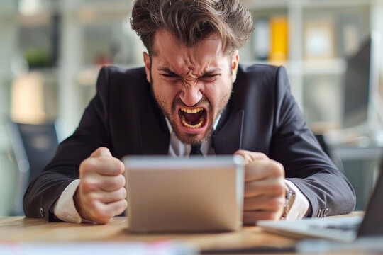 A man in a suit is yelling at a tablet. He is angry and frustrated. The tablet is on the table in front of him. Business man shouts in the office , Angry man shouting into his smartphone