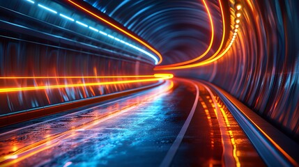 Fototapeta na wymiar Illustration depicts high-speed motion in a blue highway tunnel, advancing towards the light, suitable for technology backgrounds with space for text and images.