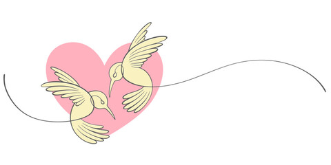 Two birds are flying isolated on white background. Line art love couple of birds. Outline vector illustration.