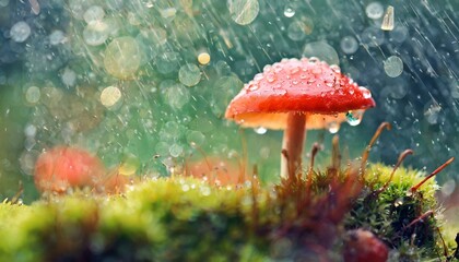 Mushroom growing in Forest, Raining