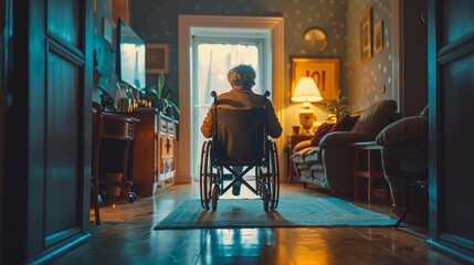 A wheelchair user navigating through their home,  utilizing ramps and wide doorways for accessibility