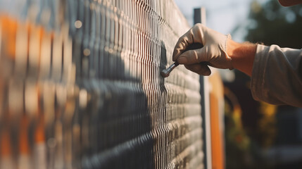 Metal Fence Maintenance: Man Painting and Maintaining a Metal Fence